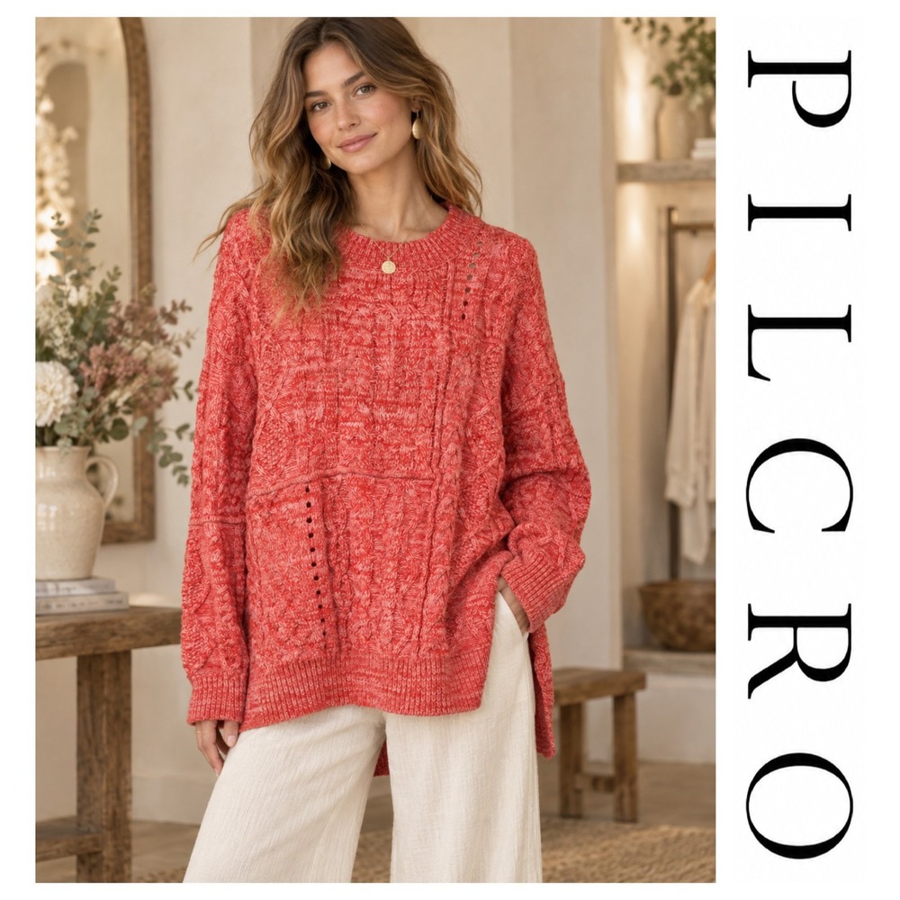 Pilcro Anthropologie Jasmine Red Mixed Cable Knit Chunky Oversized Sweater XS